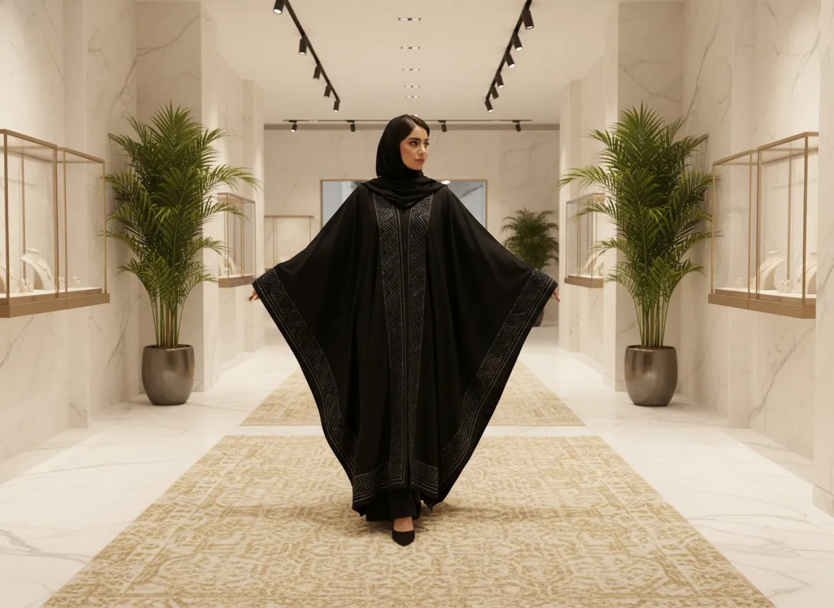 عباية فراشة سوداء فاخرة بتطريز هندسي زجزاج رمادي - تصميم ملكي راقي