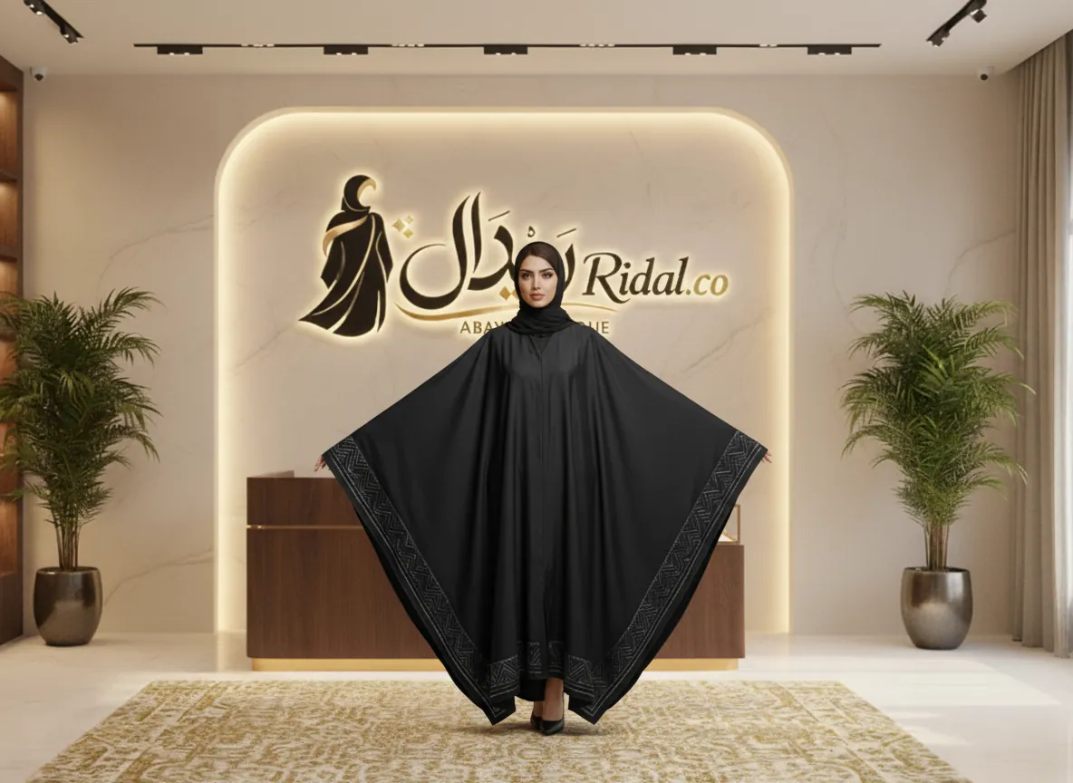 عباية فراشة سوداء فاخرة بتطريز هندسي زجزاج رمادي - تصميم ملكي راقي