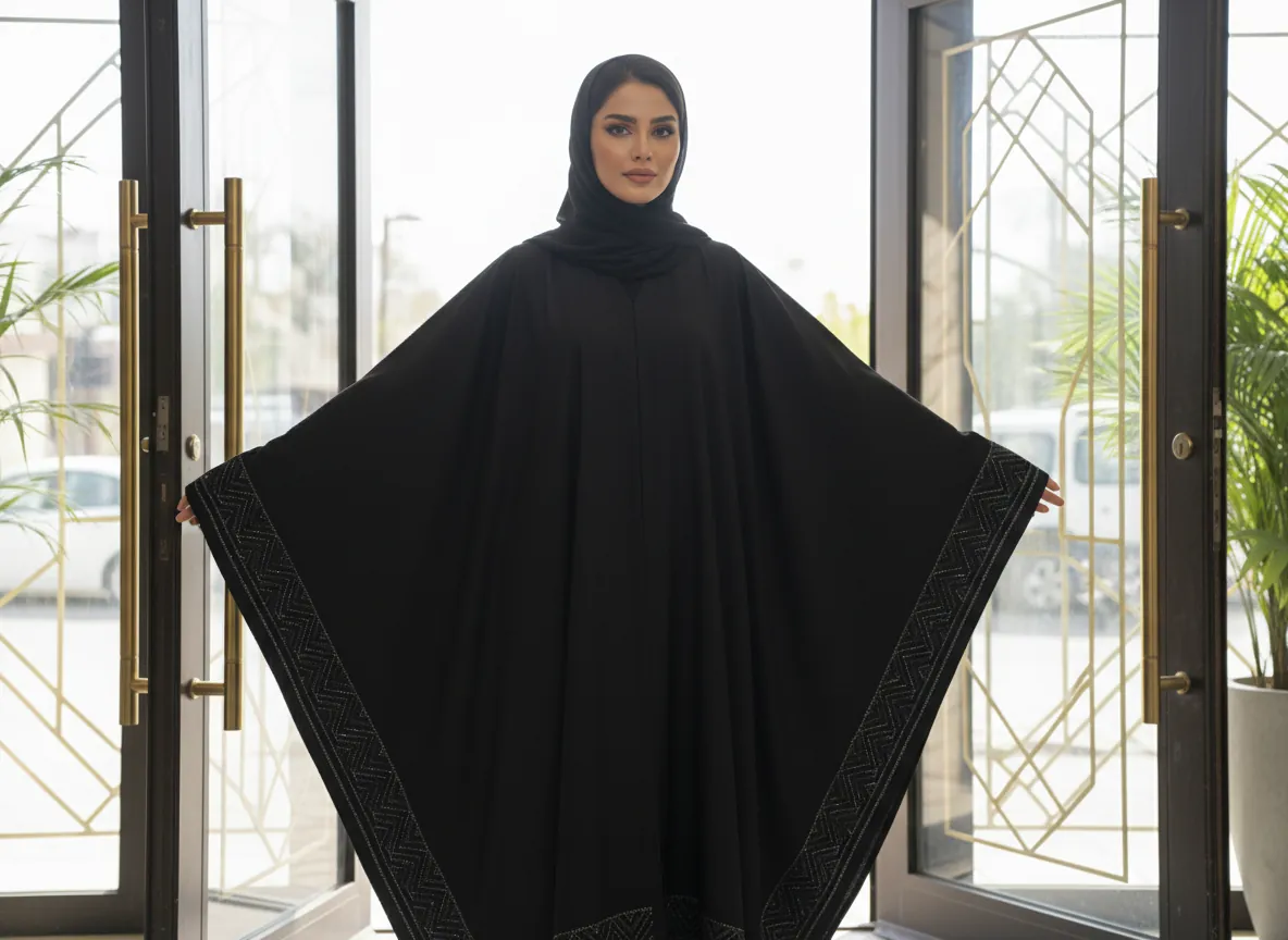 عباية فراشة سوداء فاخرة بتطريز هندسي زجزاج رمادي - تصميم ملكي راقي