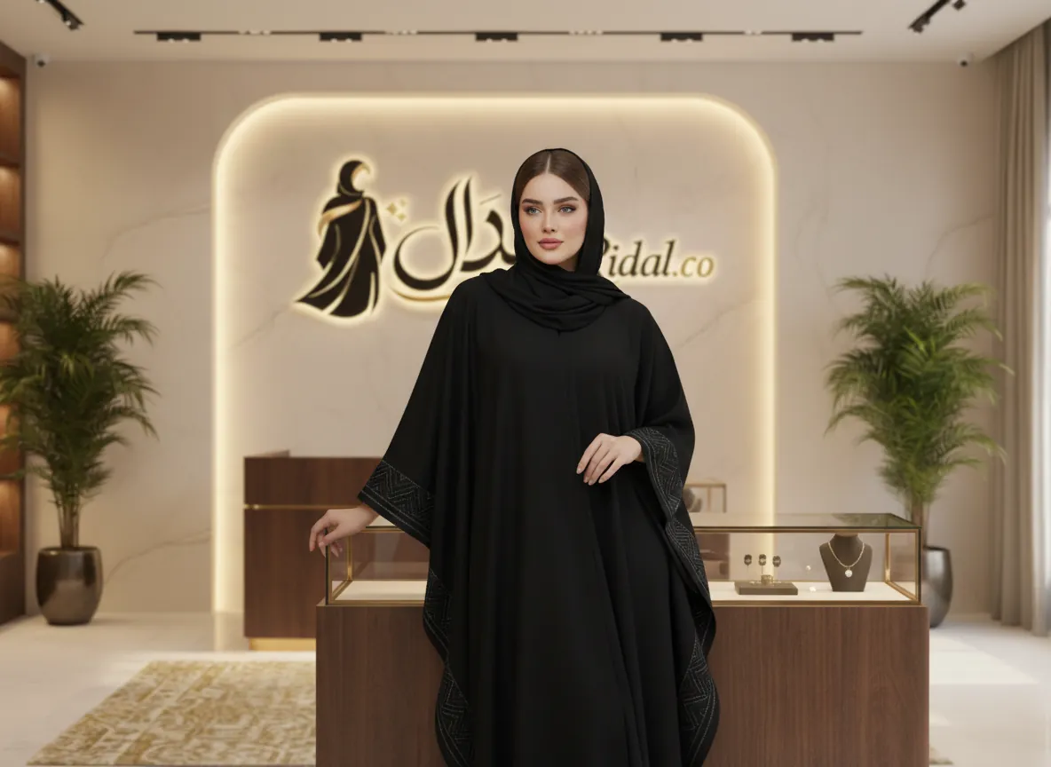 عباية فراشة سوداء فاخرة بتطريز هندسي زجزاج رمادي - تصميم ملكي راقي