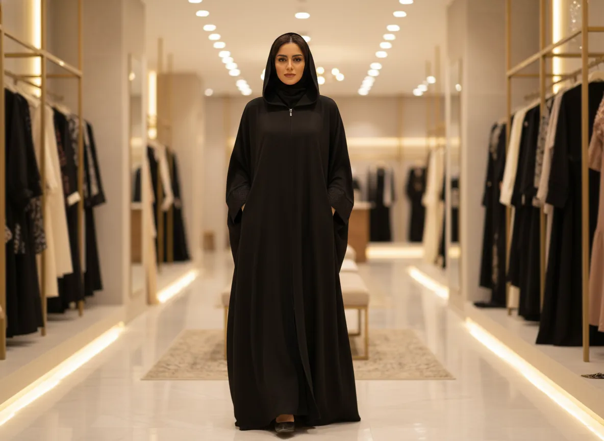 عباية سوداء عملية بقلنسوة وسحاب أمامي مخفي وتفاصيل هندسية على الأكمام