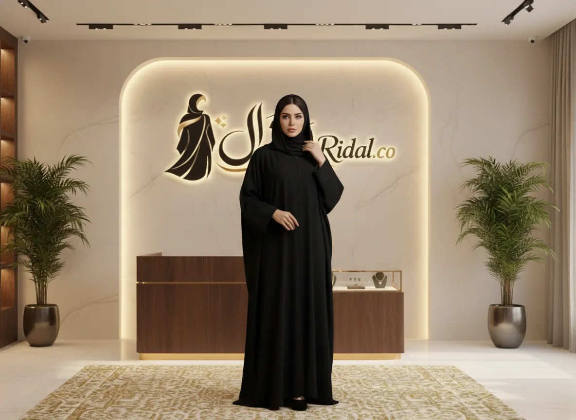 عباية سوداء عملية بقلنسوة وسحاب أمامي مخفي وتفاصيل هندسية على الأكمام