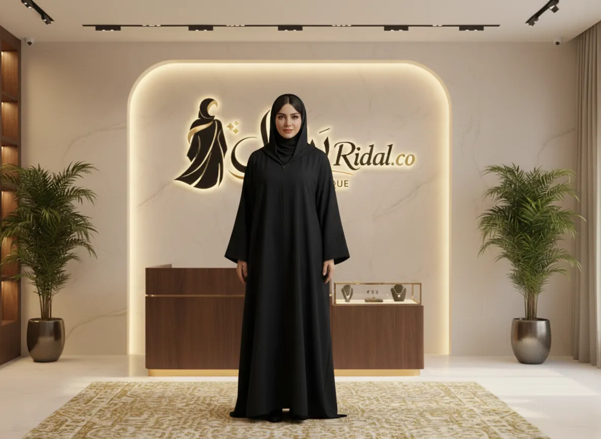عباية سوداء عملية بقلنسوة وسحاب أمامي مخفي وتفاصيل هندسية على الأكمام