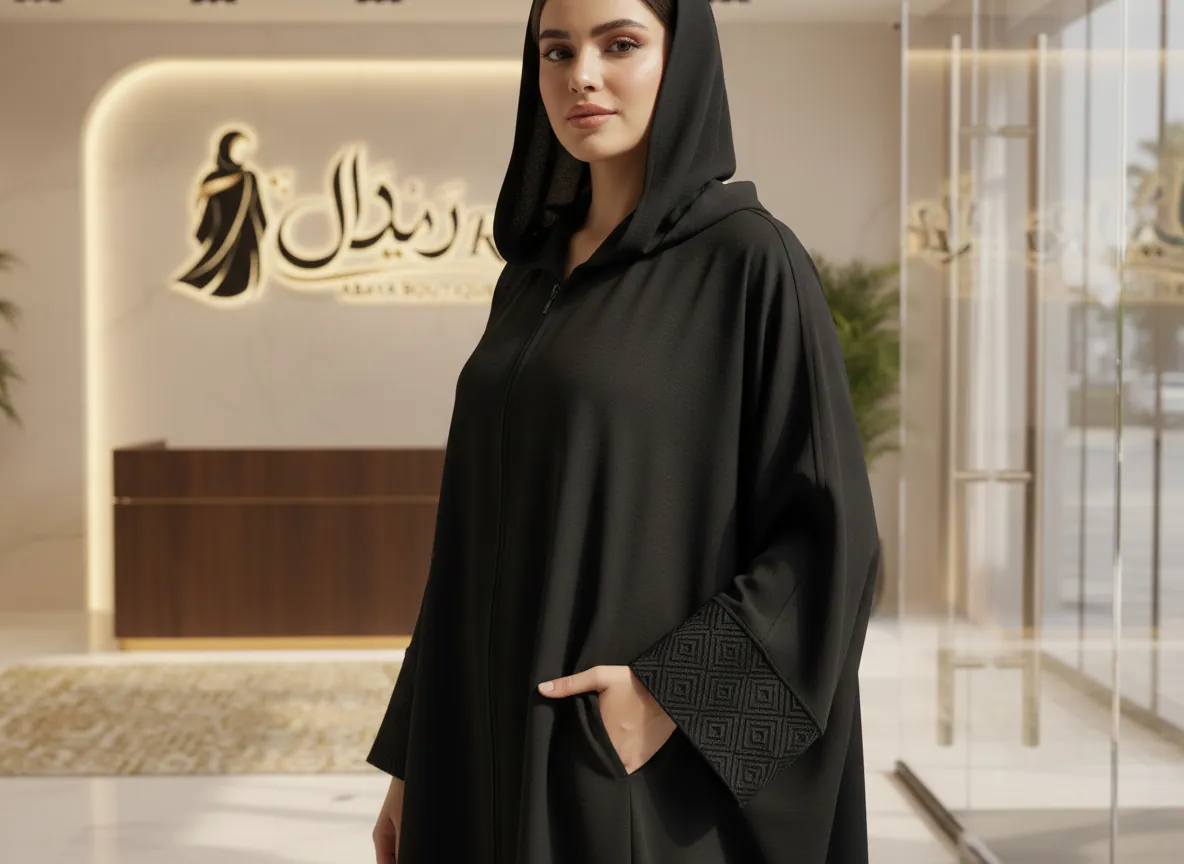 عباية سوداء عملية بقلنسوة وسحاب أمامي مخفي وتفاصيل هندسية على الأكمام