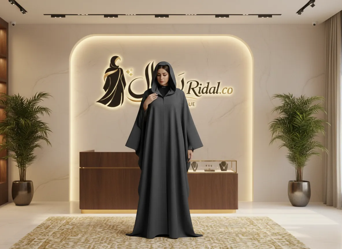 عباية سوداء واسعة بقلنسوة (كاب) بتصميم ملكي فاخر