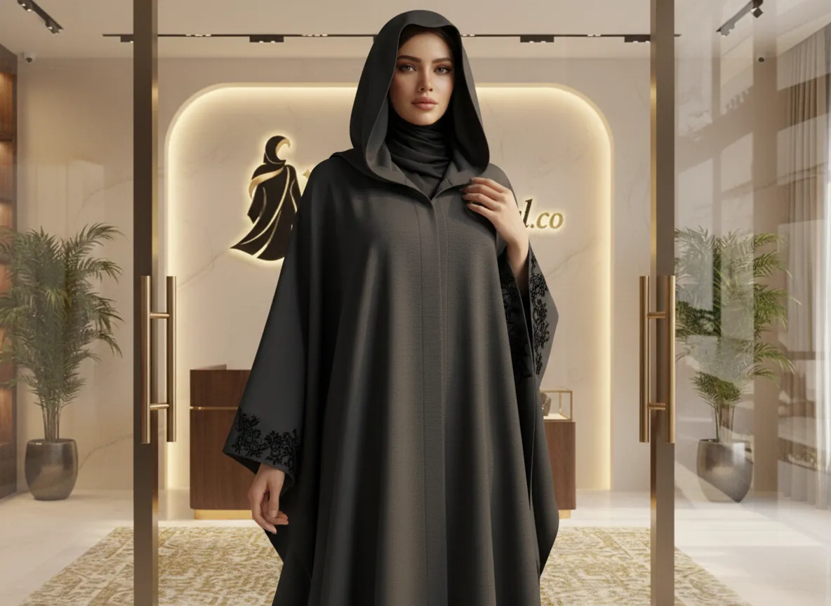 عباية سوداء واسعة بقلنسوة (كاب) بتصميم ملكي فاخر