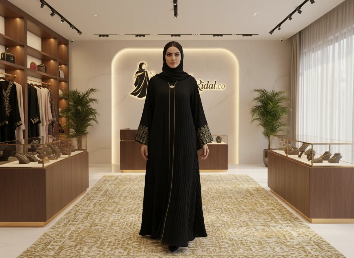 عباية سوداء بكسرات ناعمة وتطريز ذهبي فاخر على الأكمام - تصميم ملكي راقٍ