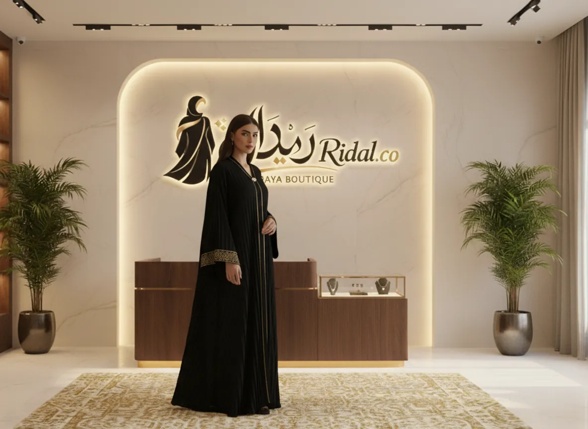 عباية سوداء بكسرات ناعمة وتطريز ذهبي فاخر على الأكمام - تصميم ملكي راقٍ