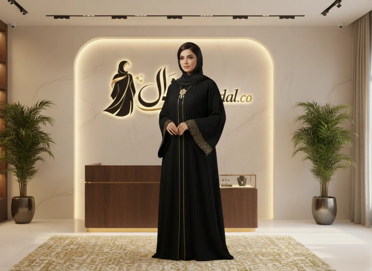 عباية سوداء بكسرات ناعمة وتطريز ذهبي فاخر على الأكمام - تصميم ملكي راقٍ