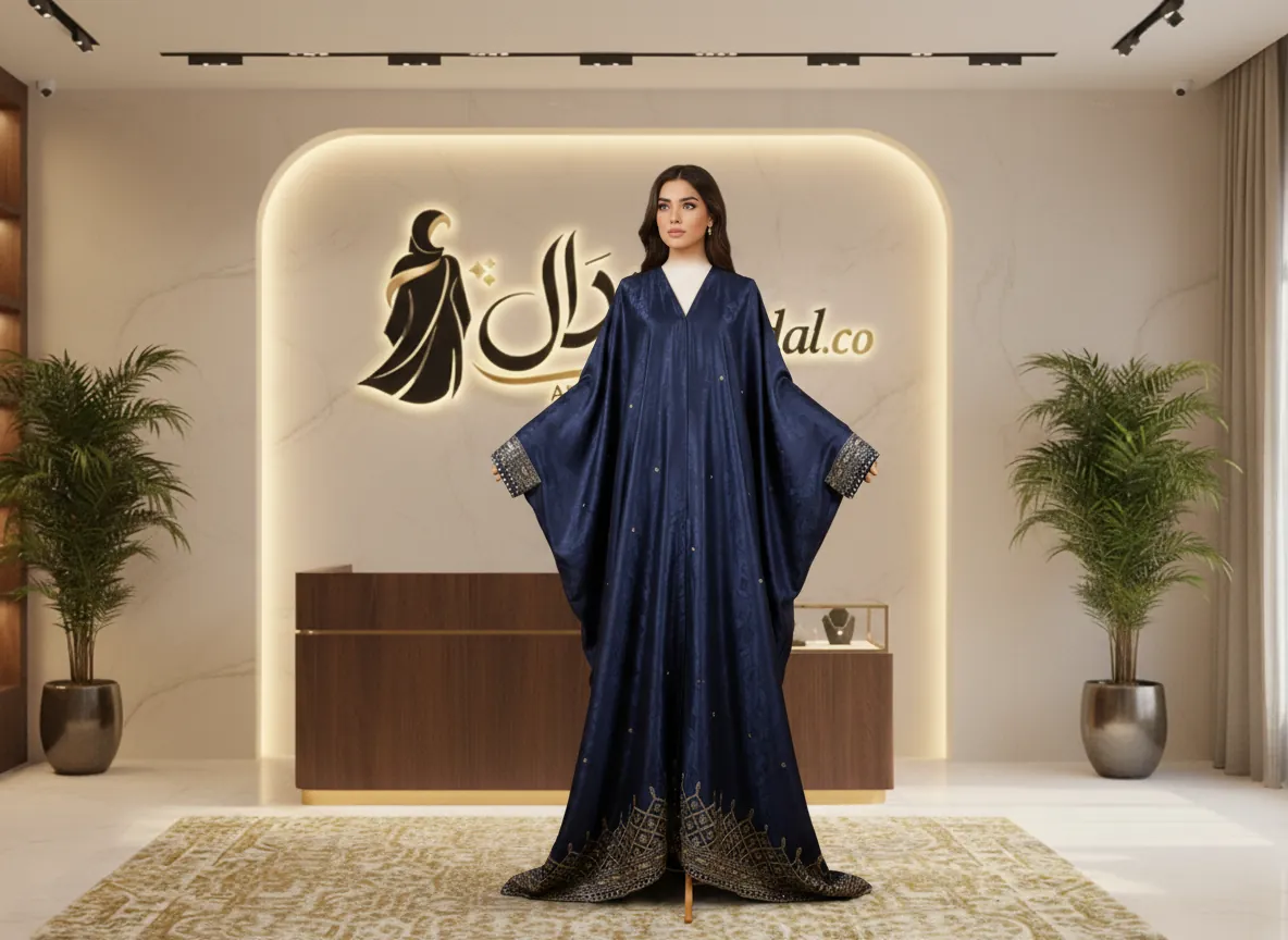 عباية كريب ملكي سوداء بتطريز يدوي فاخر وتصميم كلاسيكي أنيق