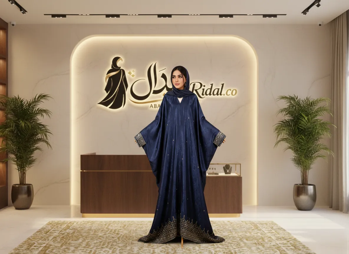 عباية كريب ملكي سوداء بتطريز يدوي فاخر وتصميم كلاسيكي أنيق