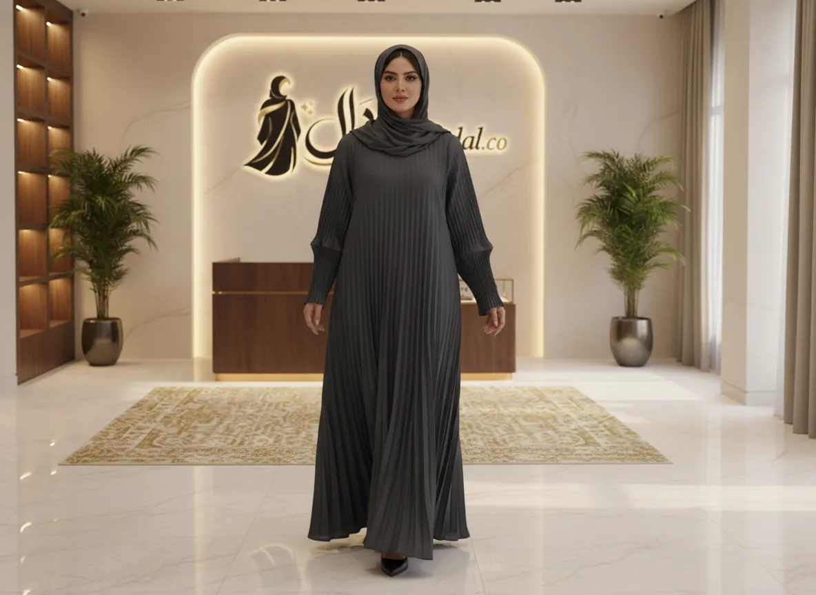 عباية رمادي غامق بكسرات بليسيه كاملة وتصميم عصري فاخر