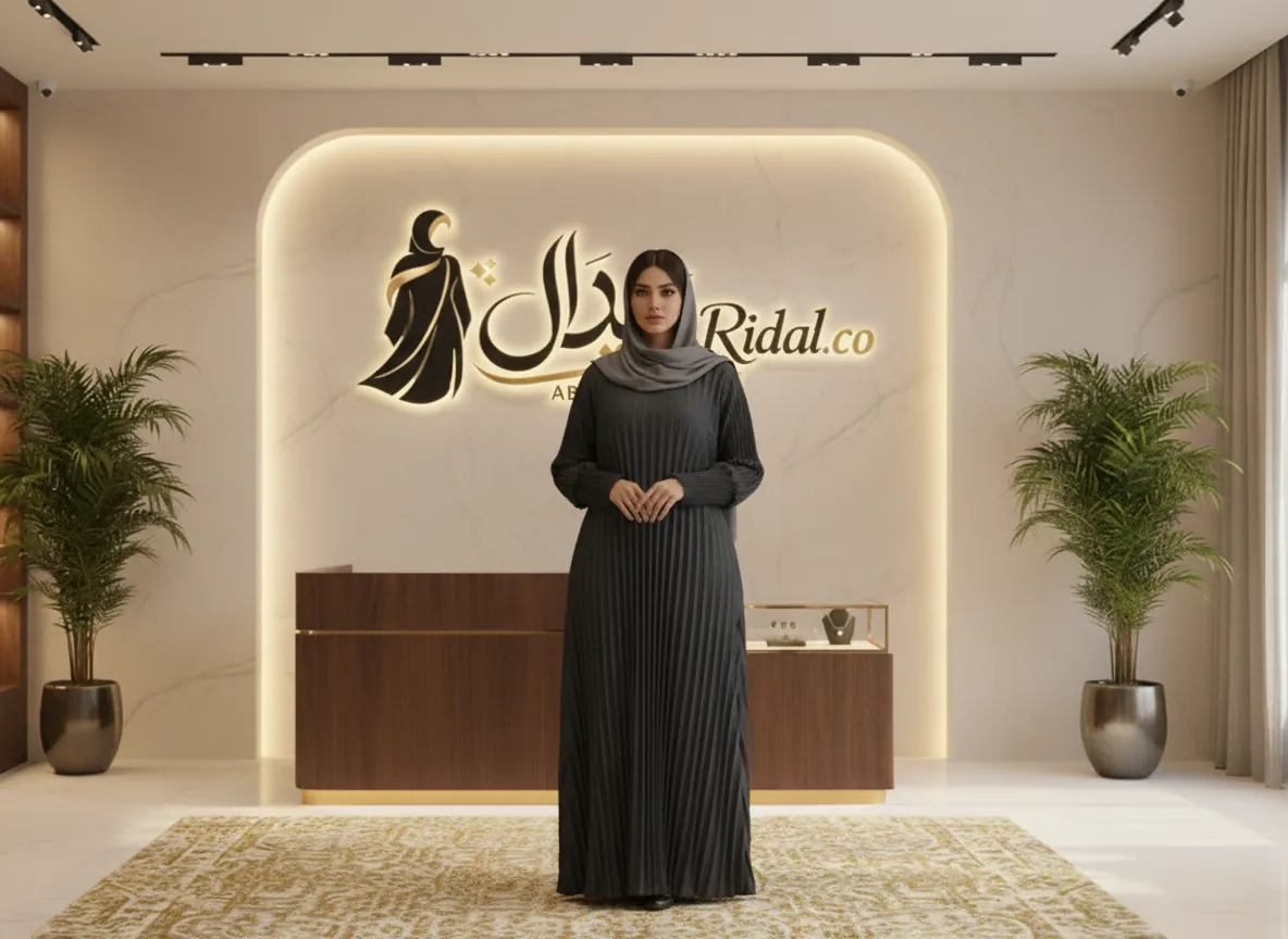 عباية رمادي غامق بكسرات بليسيه كاملة وتصميم عصري فاخر