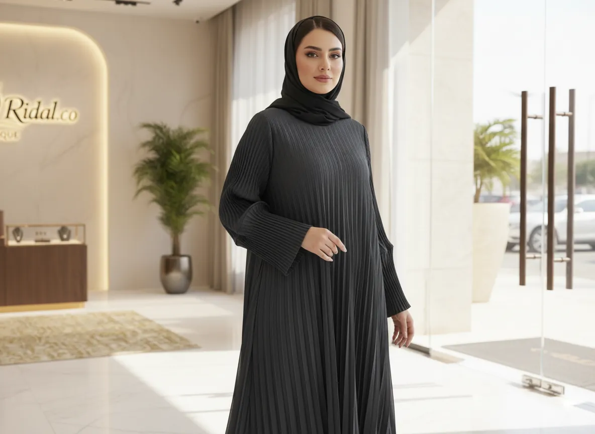 عباية رمادي غامق بكسرات بليسيه كاملة وتصميم عصري فاخر