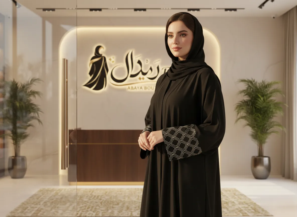 عباية سوداء كلاسيكية بتطريز هندسي على الأكمام - قماش كريب فاخر