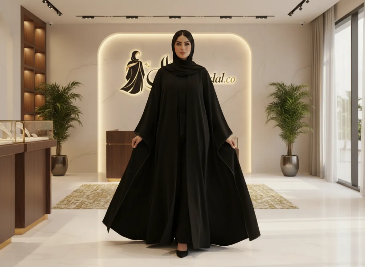 عباية كريب أسود كلاسيكية بقصة فراشة واسعة وأكمام منسدلة فاخرة