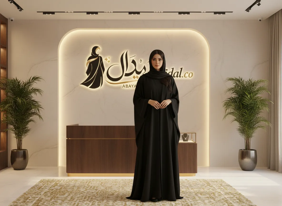 عباية كريب أسود كلاسيكية بقصة فراشة واسعة وأكمام منسدلة فاخرة