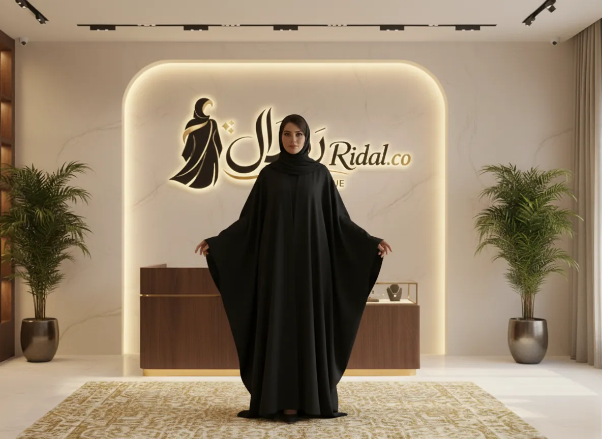 عباية كريب أسود كلاسيكية بقصة فراشة واسعة وأكمام منسدلة فاخرة