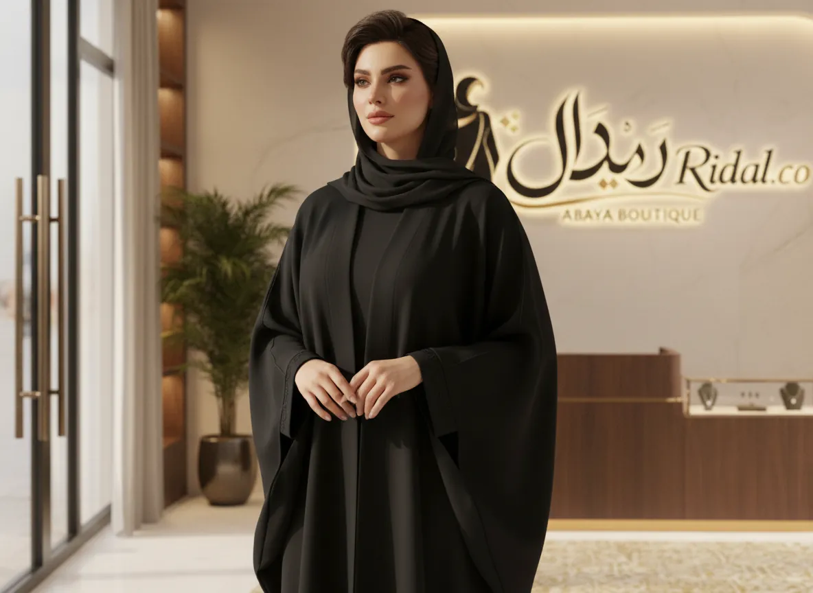 عباية كريب أسود كلاسيكية بقصة فراشة واسعة وأكمام منسدلة فاخرة