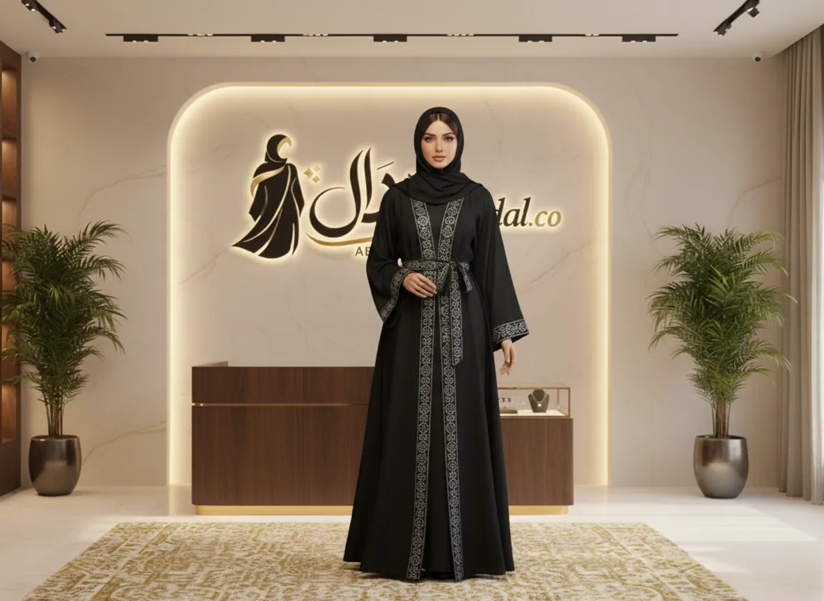 عباية كلاسيكية سوداء فاخرة بتطريز فضي هندسي وحزام خصر أنيق