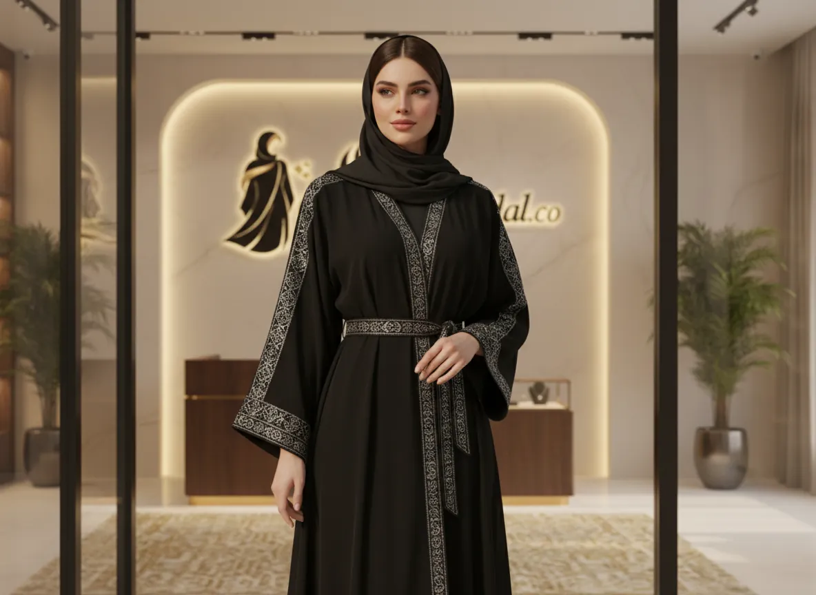 عباية كلاسيكية سوداء فاخرة بتطريز فضي هندسي وحزام خصر أنيق