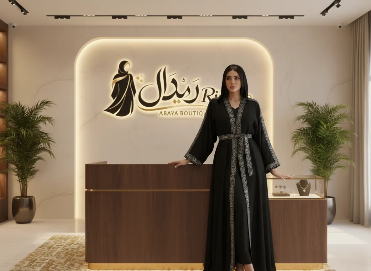 عباية كلاسيكية سوداء فاخرة بتطريز فضي هندسي وحزام خصر أنيق