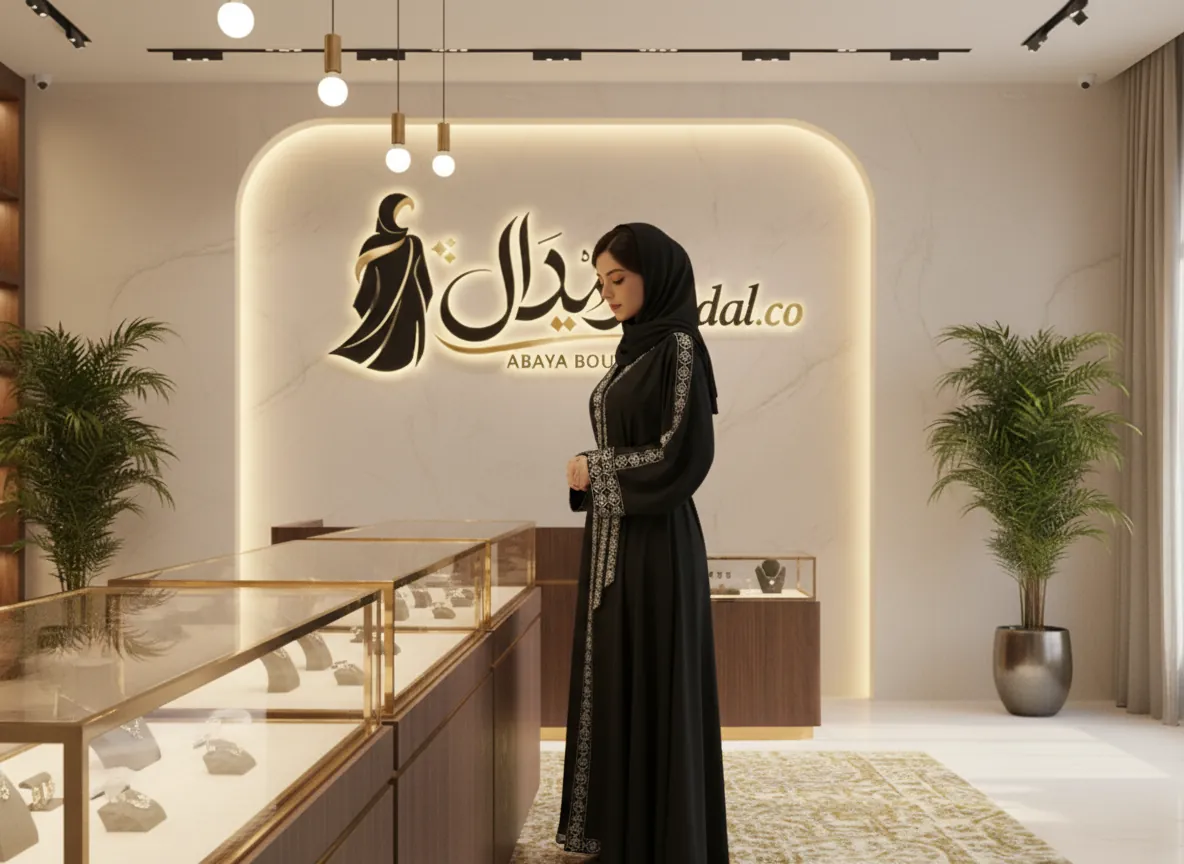 عباية كلاسيكية سوداء فاخرة بتطريز فضي هندسي وحزام خصر أنيق