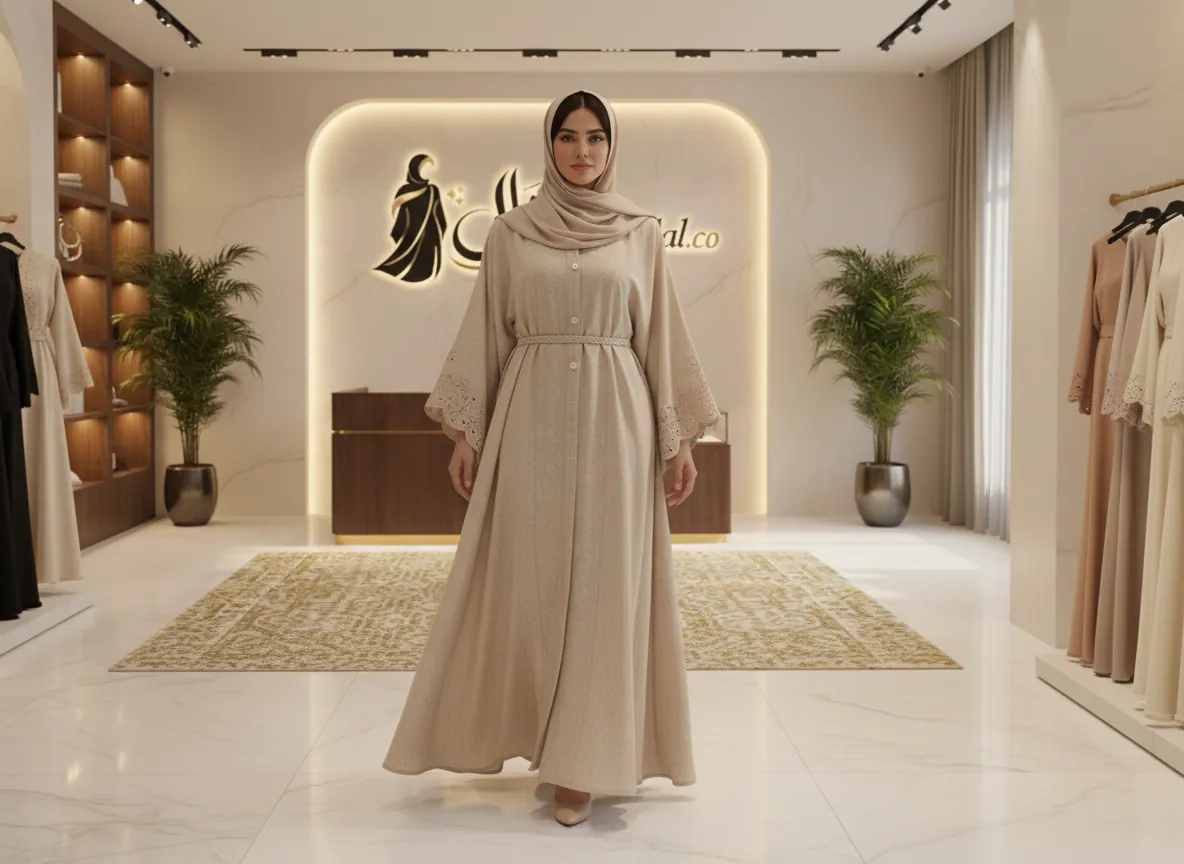 عباية بيج رملي كلاسيكية بتطريز مفرغ على الأكمام مع حزام خصر أنيق