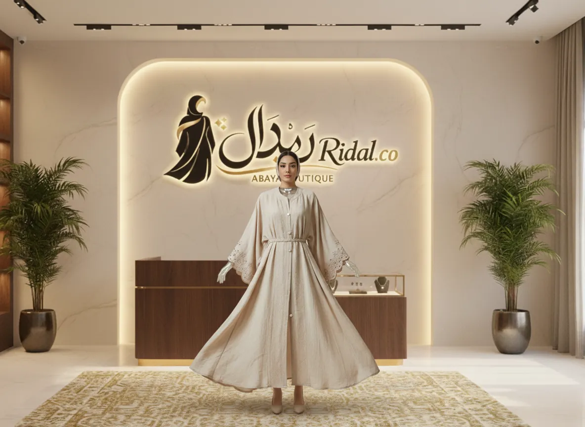 عباية بيج رملي كلاسيكية بتطريز مفرغ على الأكمام مع حزام خصر أنيق