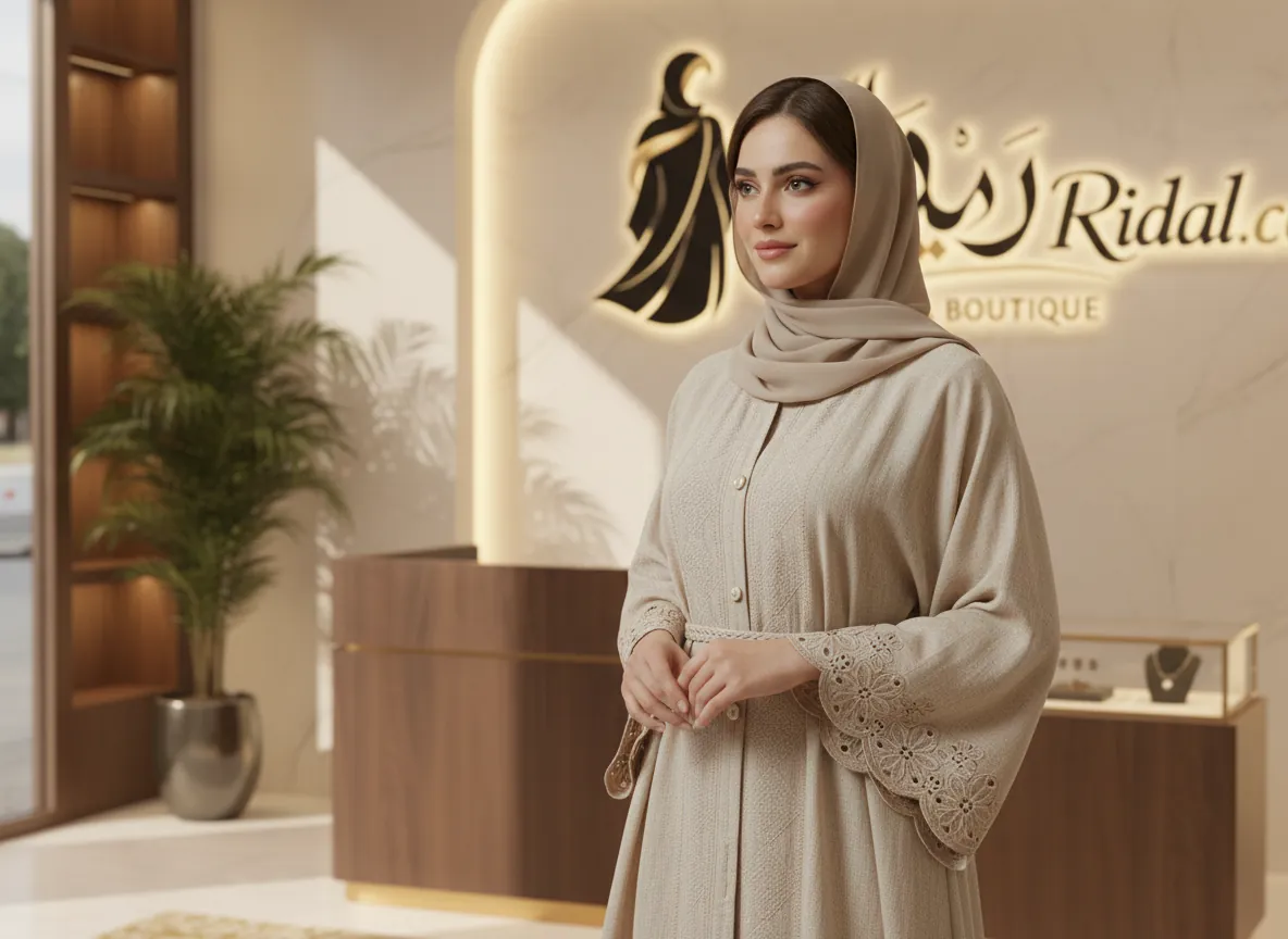 عباية بيج رملي كلاسيكية بتطريز مفرغ على الأكمام مع حزام خصر أنيق