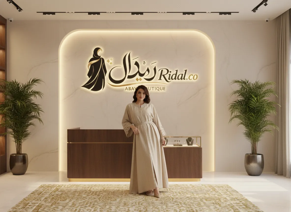 عباية بيج رملي كلاسيكية بتطريز مفرغ على الأكمام مع حزام خصر أنيق