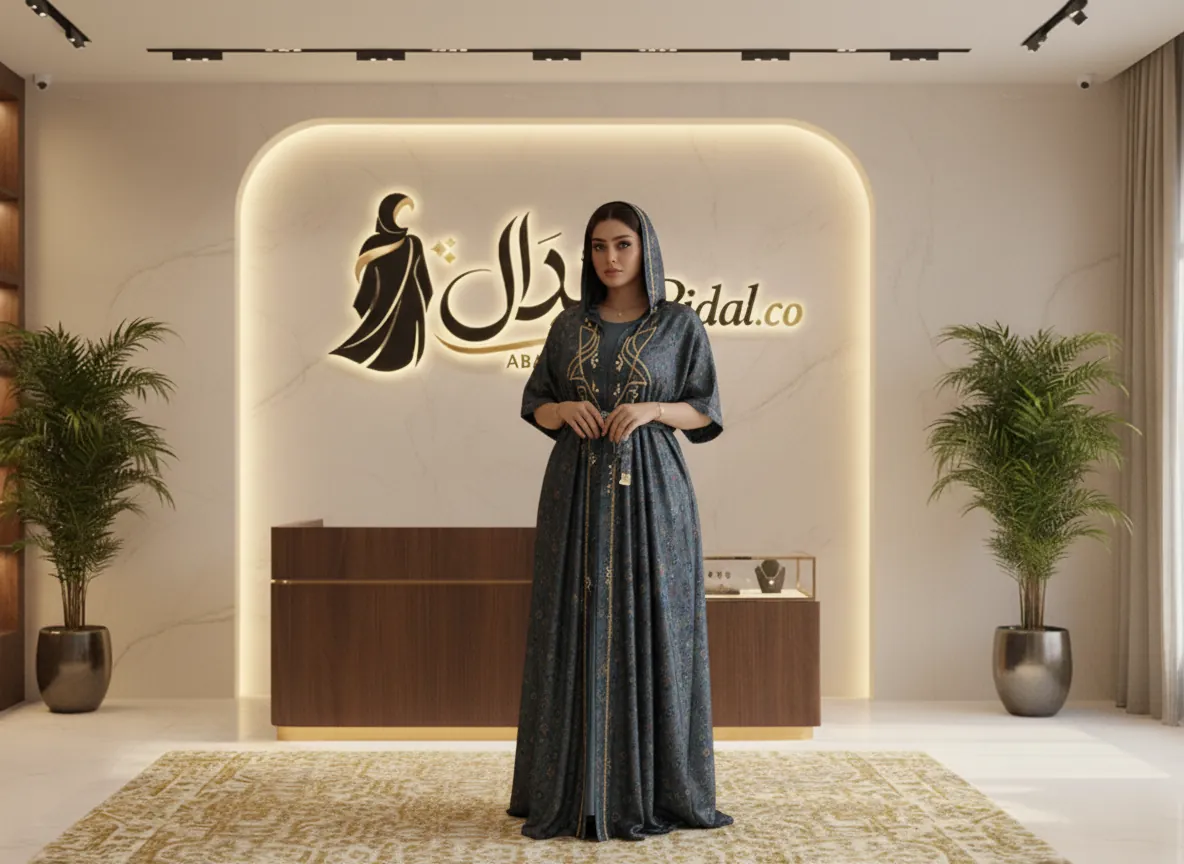 عباية كاجوال ملونة بنقوش هندسية وتطريز ذهبي مع قبعة - تصميم عصري وراقي