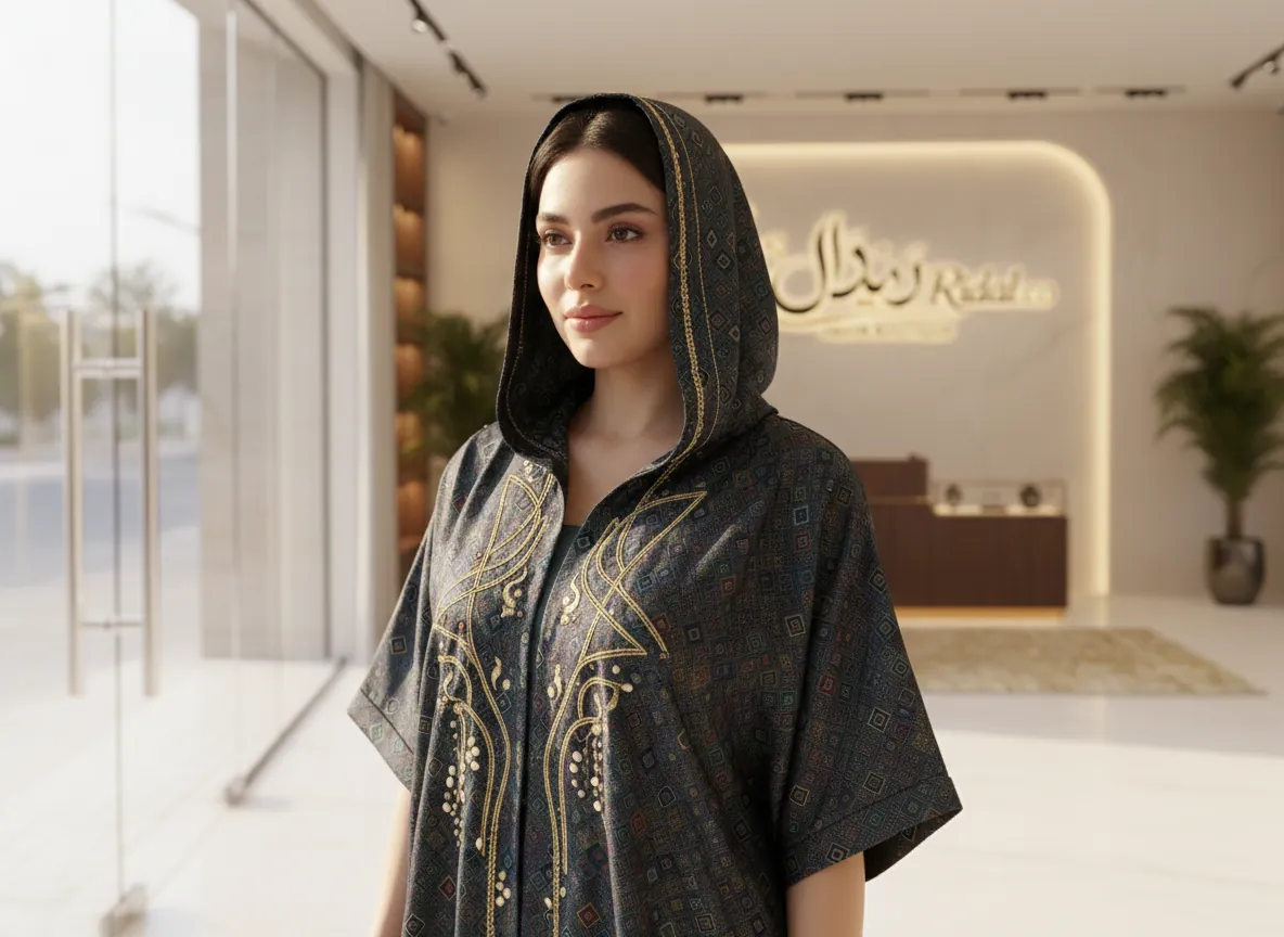 عباية كاجوال ملونة بنقوش هندسية وتطريز ذهبي مع قبعة - تصميم عصري وراقي