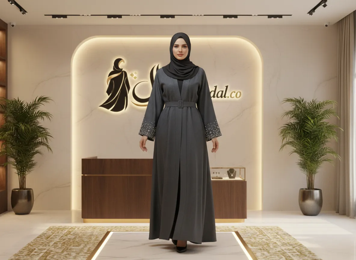 عباية رمادية غامقة بتصميم كلاسيكي وحزام خصر مع تطريز خرز متلألئ على الأكمام