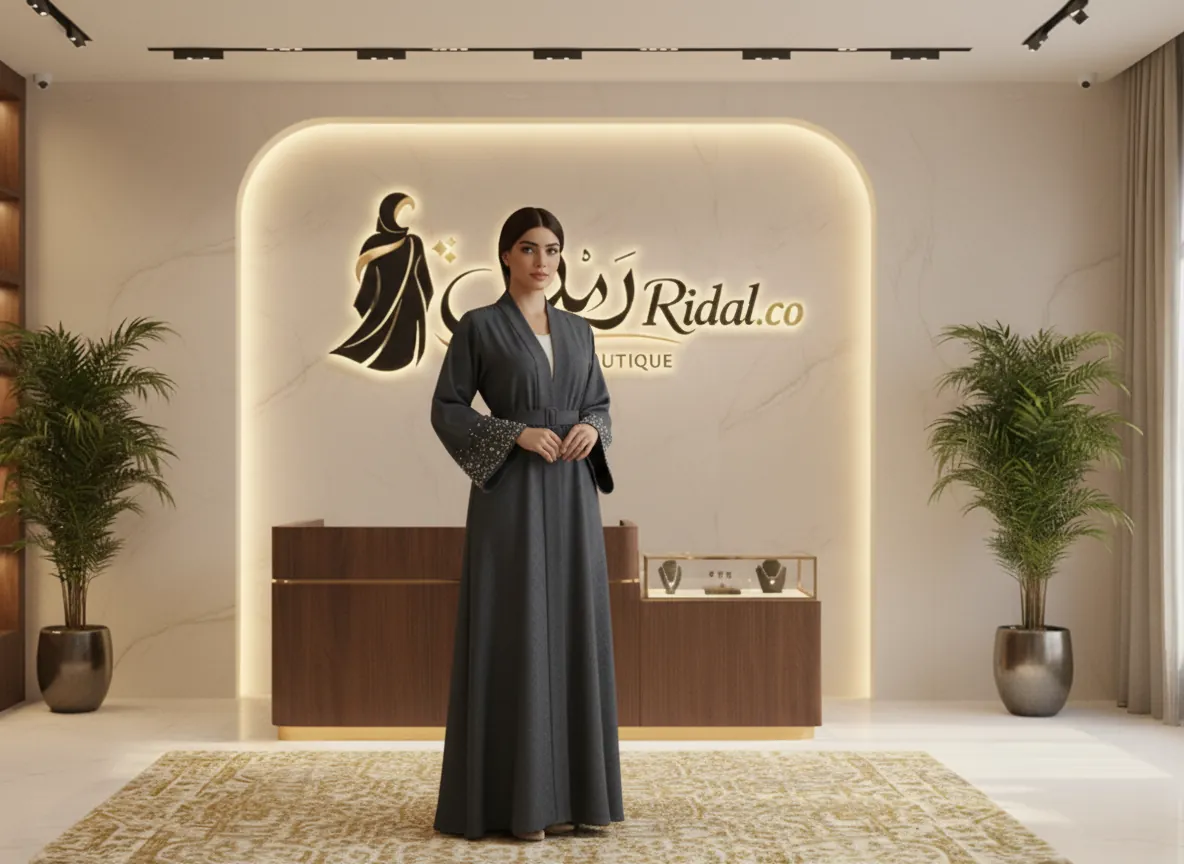 عباية رمادية غامقة بتصميم كلاسيكي وحزام خصر مع تطريز خرز متلألئ على الأكمام