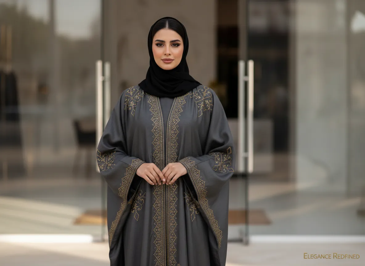 عباية بشت رمادي غامق بتطريز ذهبي فاخر وتصميم ملكي