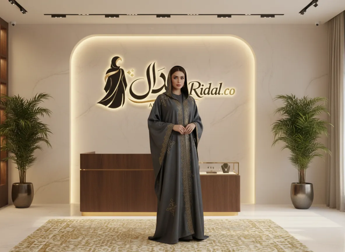 عباية بشت رمادي غامق بتطريز ذهبي فاخر وتصميم ملكي