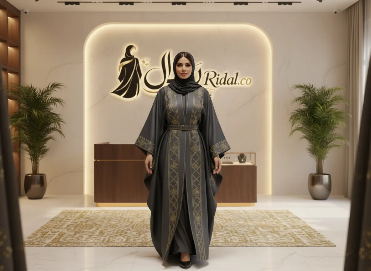 عباية بشت رمادي فحمي فاخرة بتطريز هندسي ذهبي وتفاصيل خياطة بارزة - تصميم ملكي مع حزام خصر