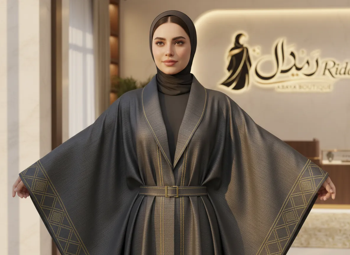 عباية بشت رمادي فحمي فاخرة بتطريز هندسي ذهبي وتفاصيل خياطة بارزة - تصميم ملكي مع حزام خصر