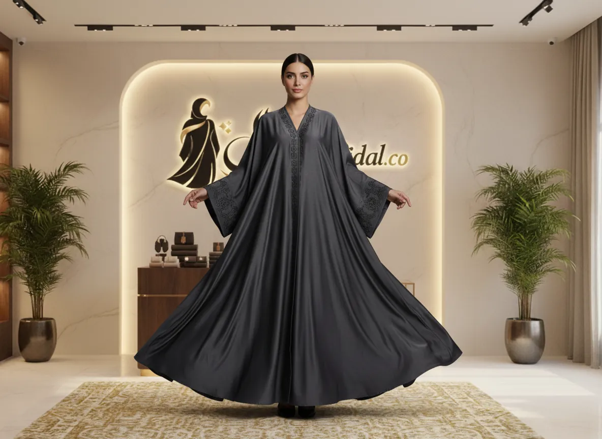 عباية كلوش رمادي غامق بتطريز أسود ملكي فاخر - SE405