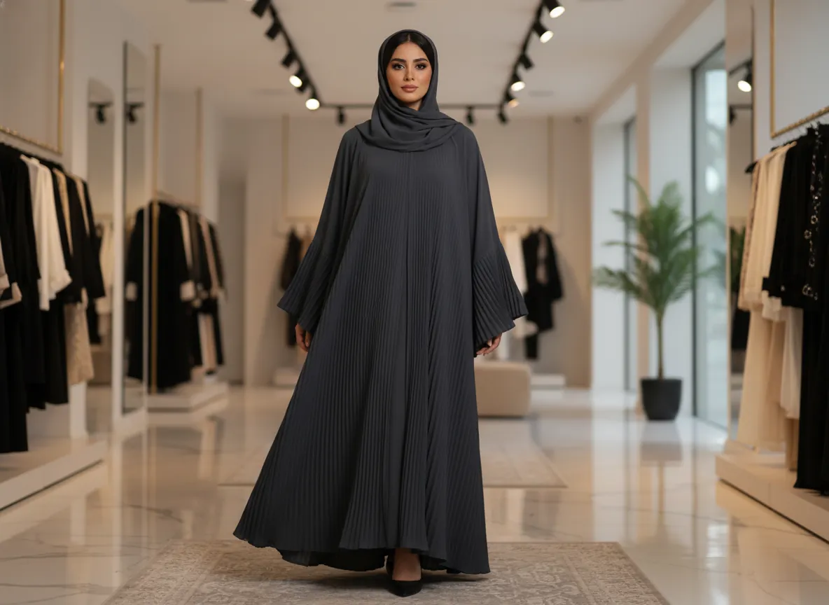 عباية كلوش رمادي غامق بكسرات بليسيه كاملة لإطلالة راقية
