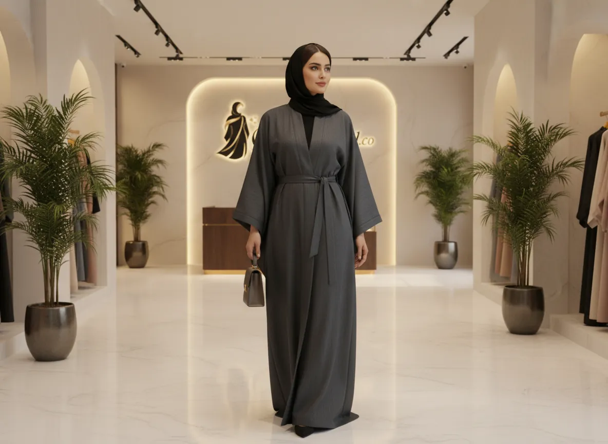 عباية عملية بلون رمادي داكن بتصميم ياباني وحزام خصر أنيق