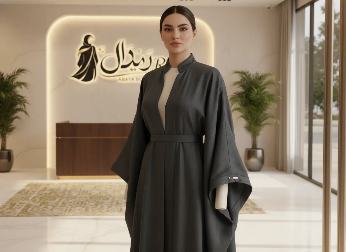عباية عملية بلون رمادي داكن بتصميم ياباني وحزام خصر أنيق