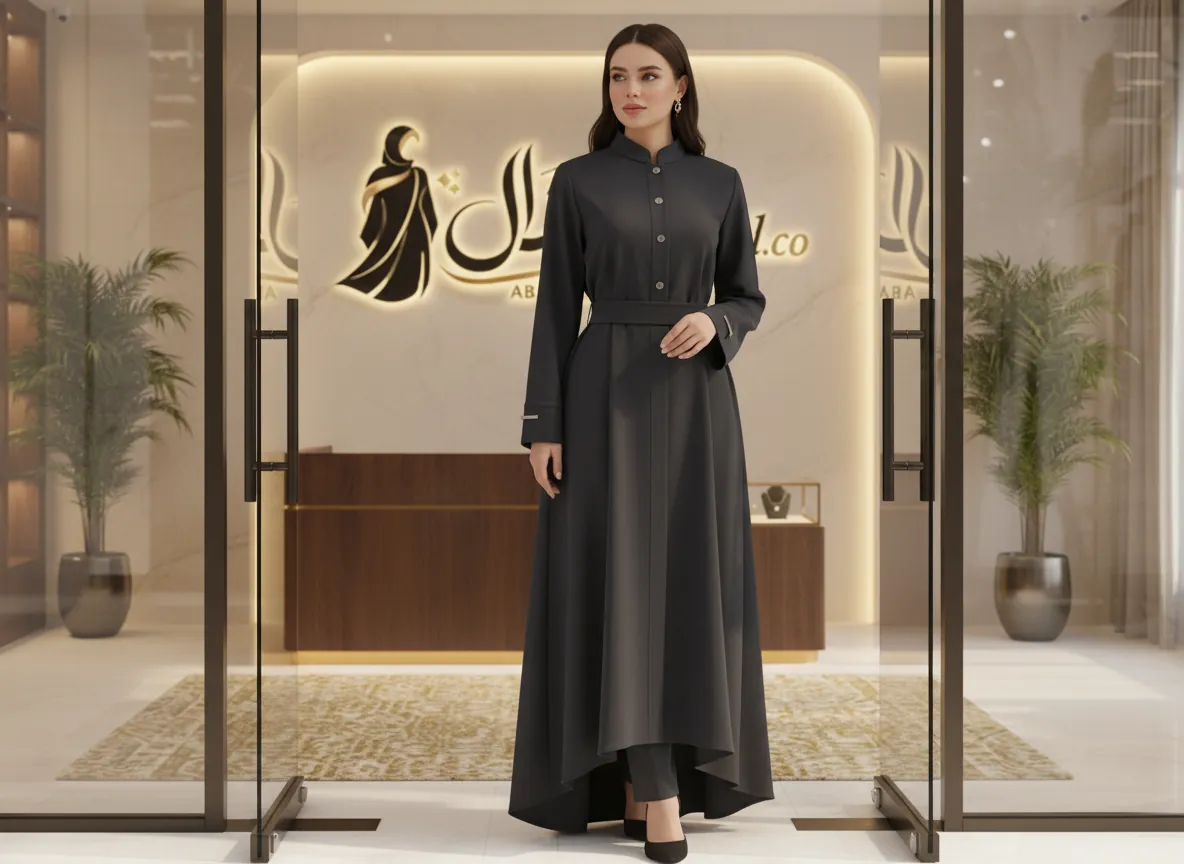 عباية دوام رمادية غامقة بتصميم عصري وأزرار أمامية - SE643