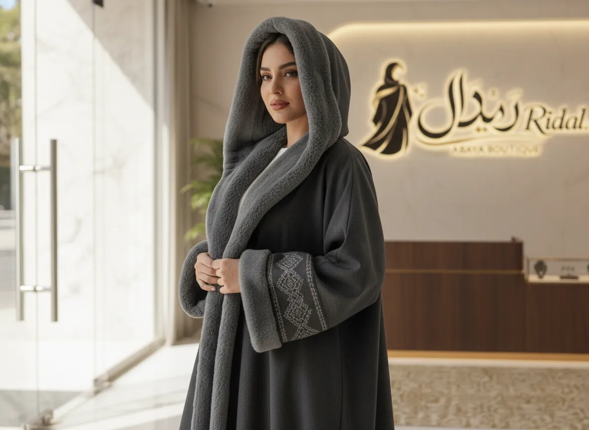 عباية فروة شتوية ملكية باللون الرمادي الفحمي مبطنة بالفرو الكثيف مع تطريز هندسي فاخر على الأكمام و قبعة متصلة