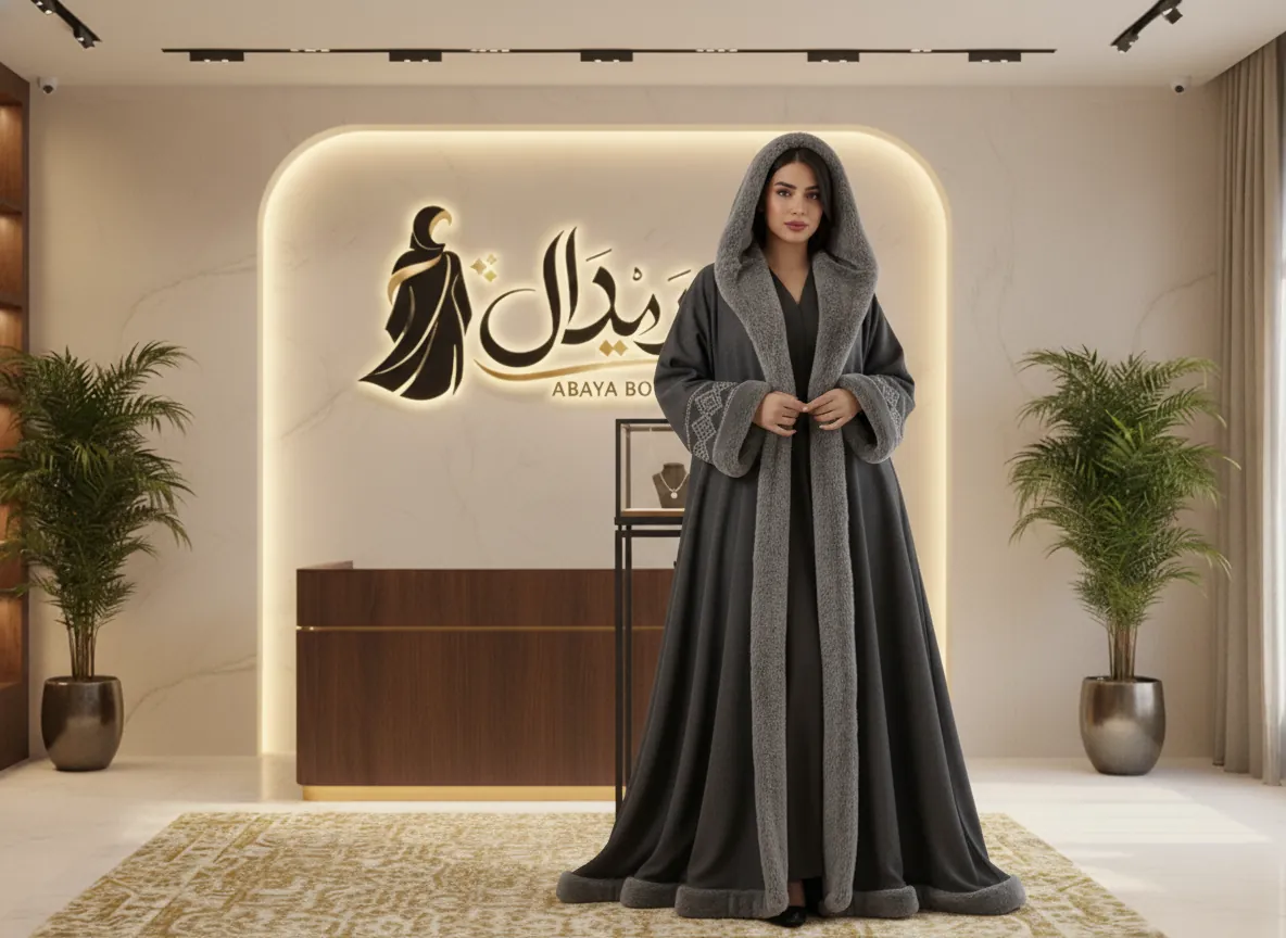 عباية فروة شتوية ملكية باللون الرمادي الفحمي مبطنة بالفرو الكثيف مع تطريز هندسي فاخر على الأكمام و قبعة متصلة