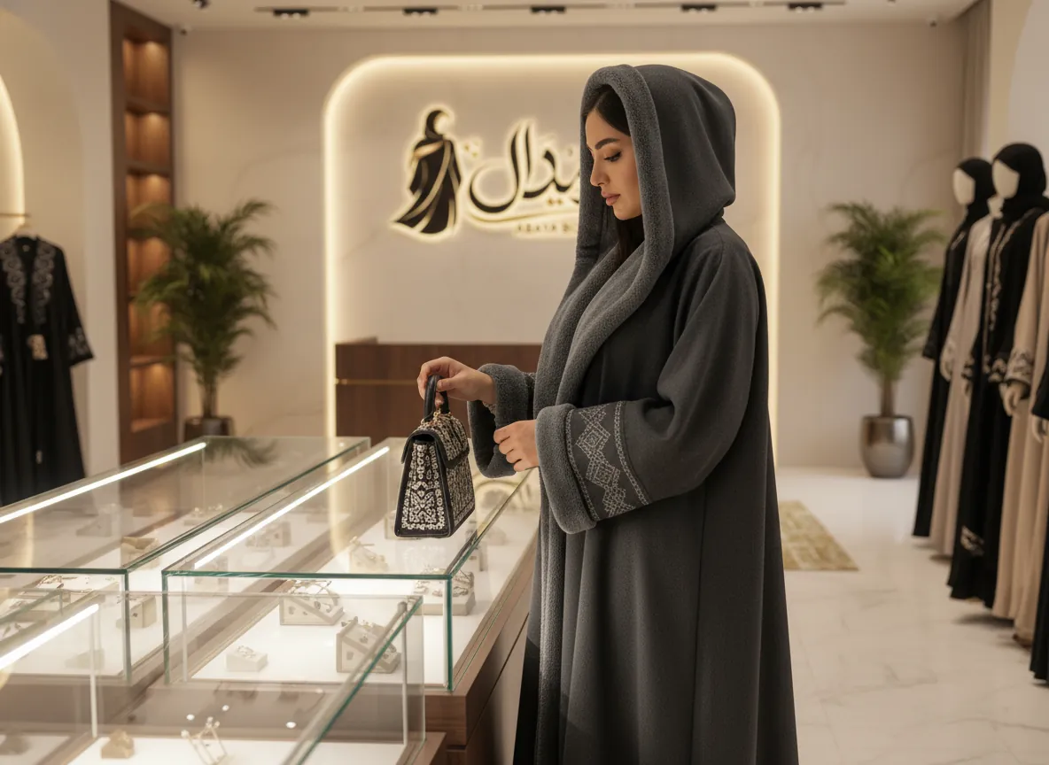 عباية فروة شتوية ملكية باللون الرمادي الفحمي مبطنة بالفرو الكثيف مع تطريز هندسي فاخر على الأكمام و قبعة متصلة