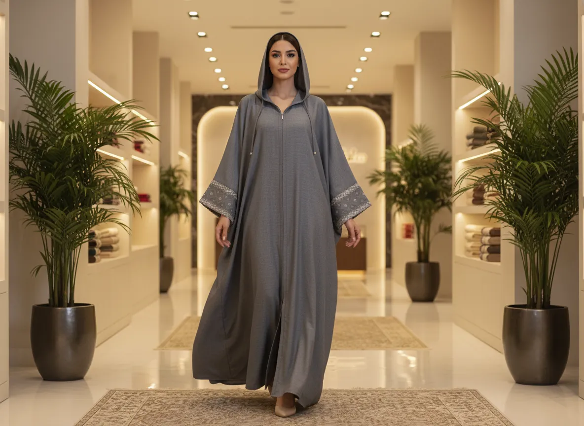 عباية سفر رمادية فاخرة بقلنسوة وسحاب أمامي وتطريز أكمام هندسي - SE182