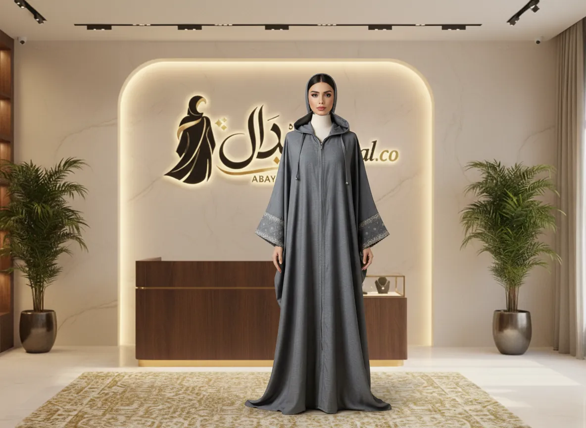 عباية سفر رمادية فاخرة بقلنسوة وسحاب أمامي وتطريز أكمام هندسي - SE182