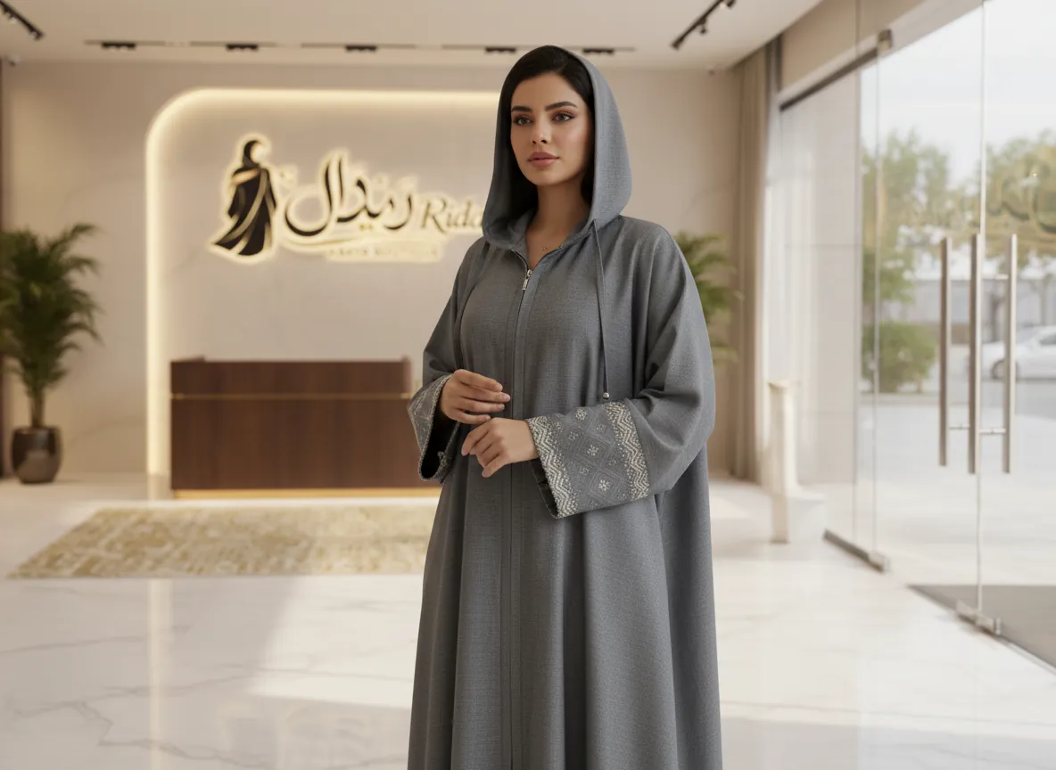 عباية سفر رمادية فاخرة بقلنسوة وسحاب أمامي وتطريز أكمام هندسي - SE182